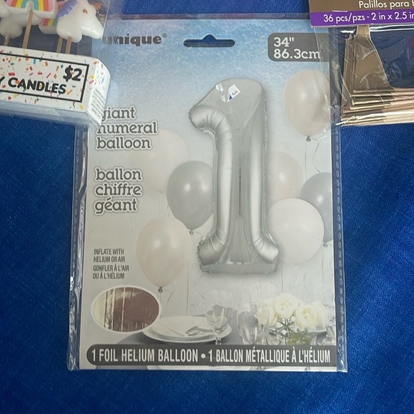 Unicorn and rainbow candles 6ct One Year Giant Balloon And Gold Party Picks - Picture 3 of 4